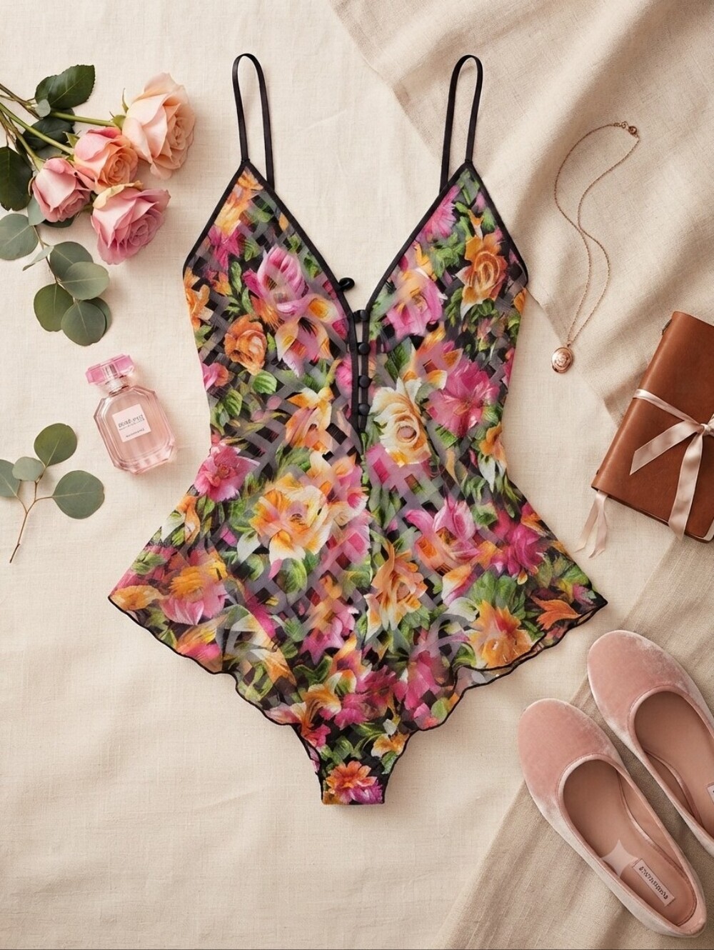 Vintage Gold Label Victoria's Secret Black Colorful Floral Print Teddy Bodysuit